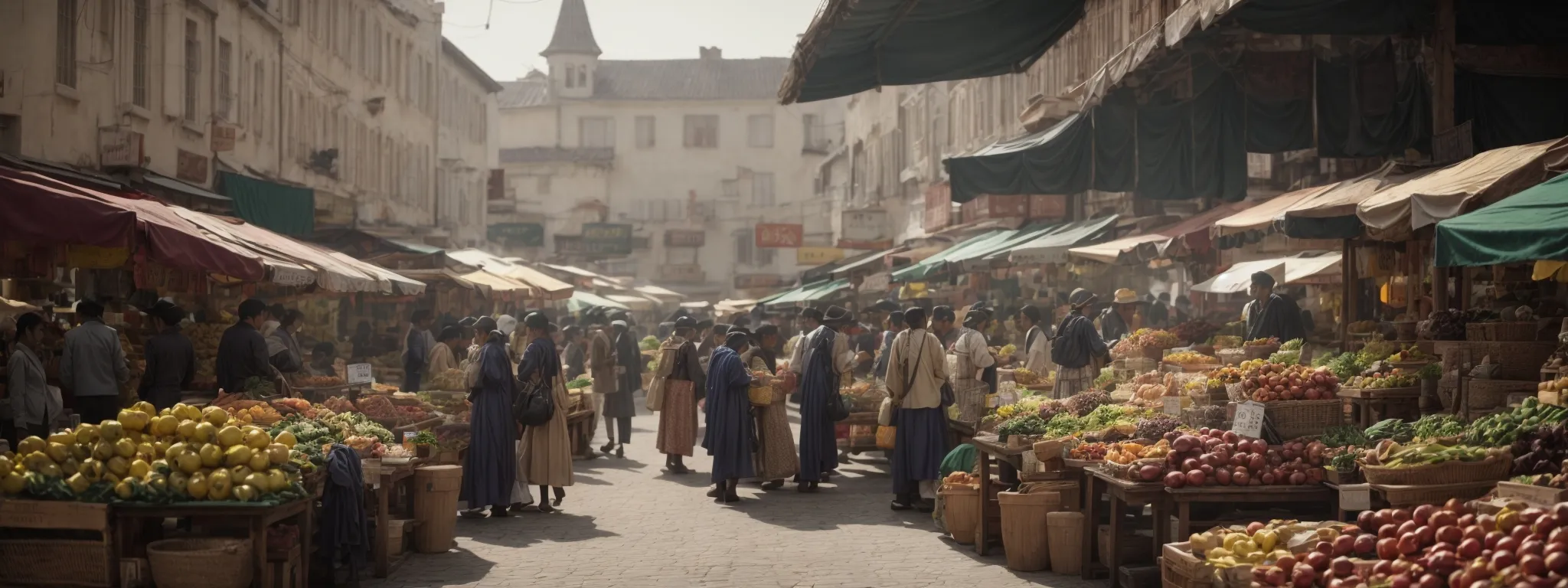 a local marketplace bustling with shoppers surrounded by stands featuring regional produce and goods.