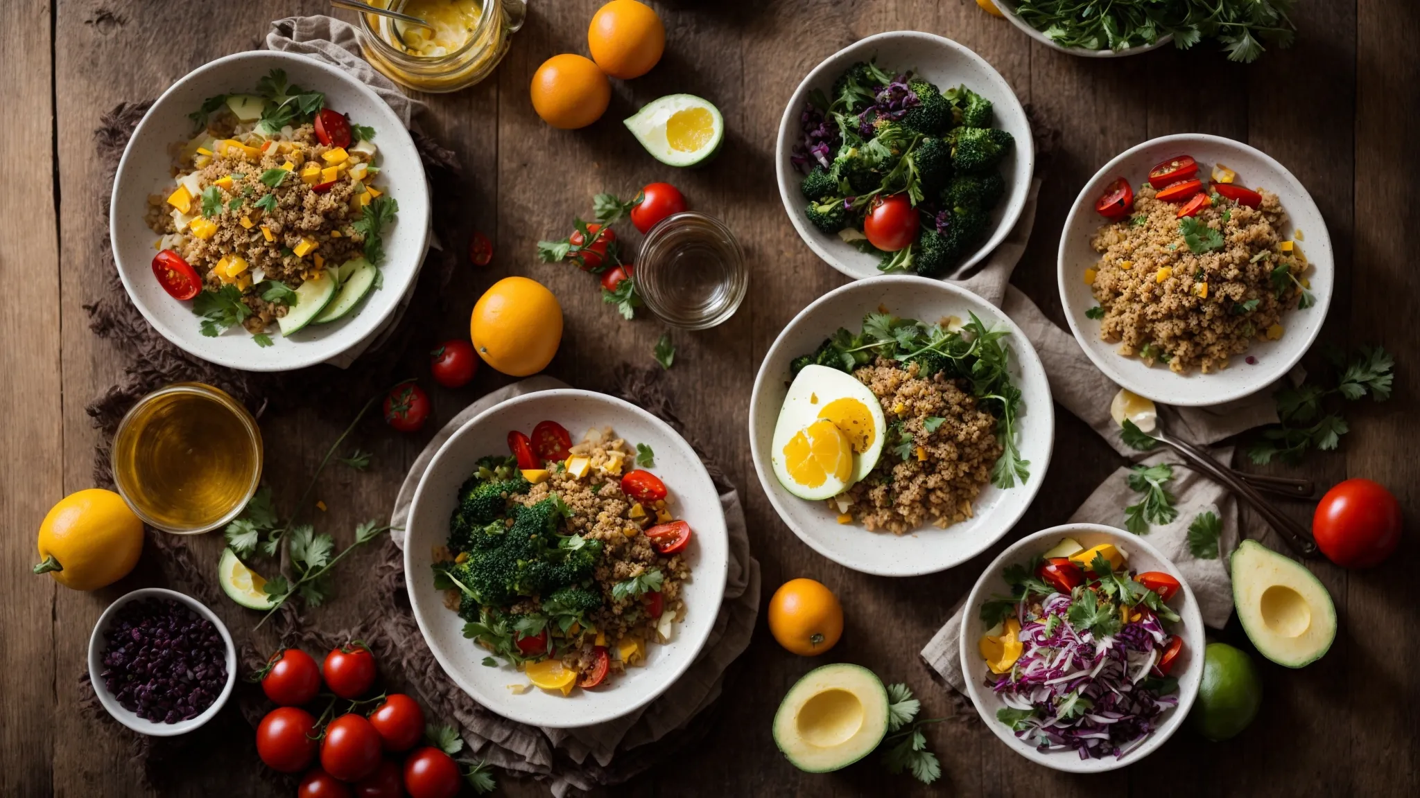 a high-angle shot of a colorful, healthy meal artfully arranged on a rustic wooden table, surrounded by fresh ingredients and cooking utensils, with soft natural light casting a warm glow over the scene.