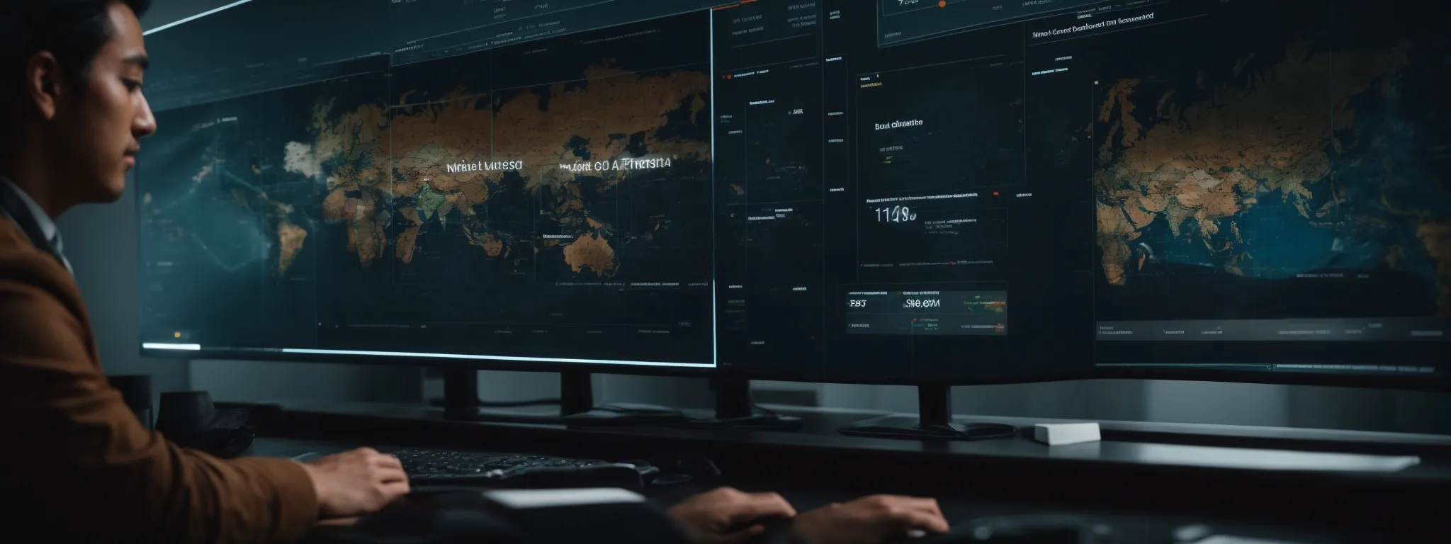 a marketer scrutinizes a high-tech digital analytics dashboard displaying web traffic and engagement trends.