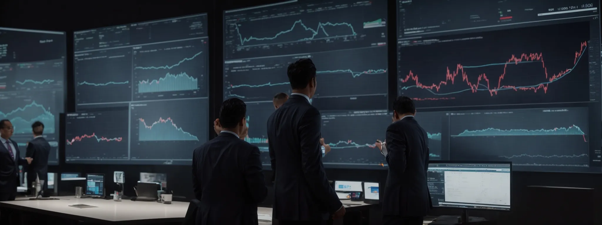 executives at ge examine charts on large screens showcasing marketing analytics and consumer trends.