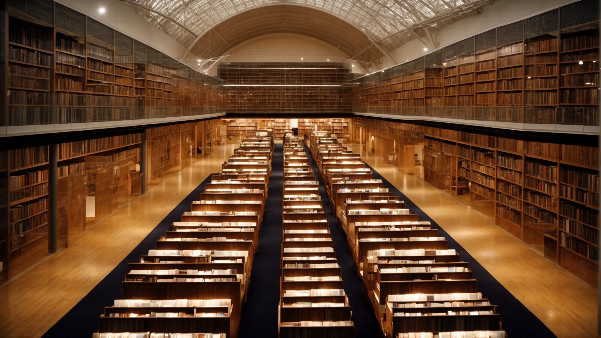 a vast library with rows of books organized in categories, leading to a central information desk under a glowing dome.