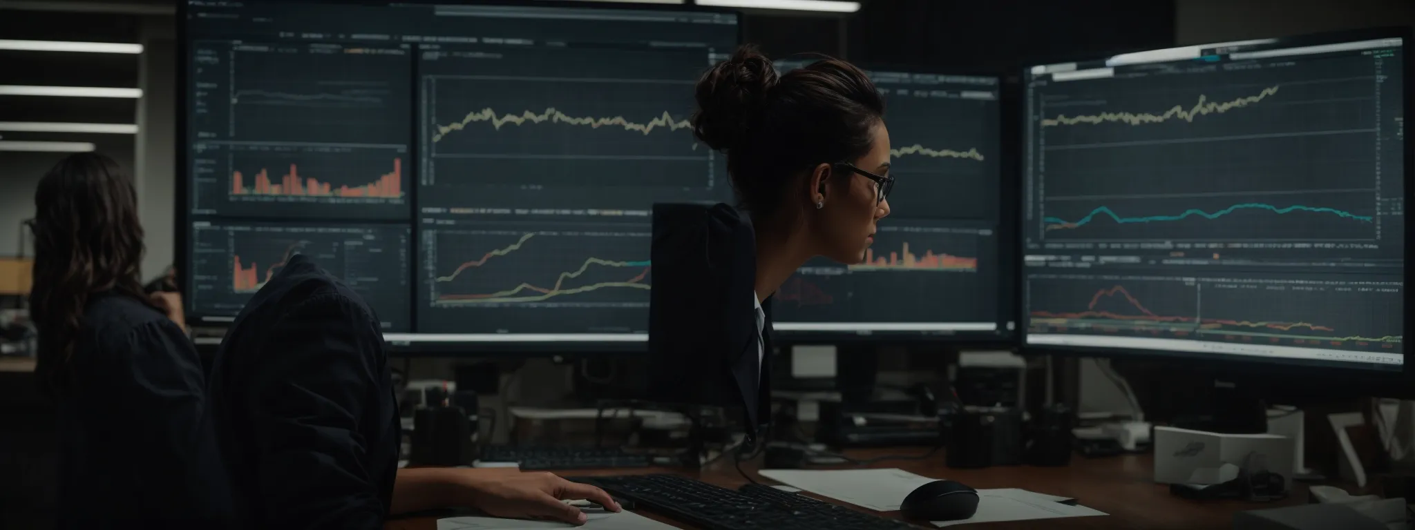 an office environment with a marketer analyzing graphs on a computer screen showing website performance metrics.