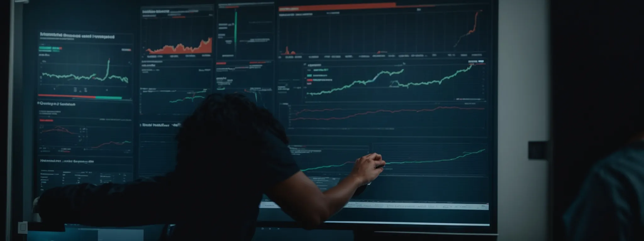 a marketer analyzes a complex dashboard displaying real-time campaign performance metrics on a large screen.