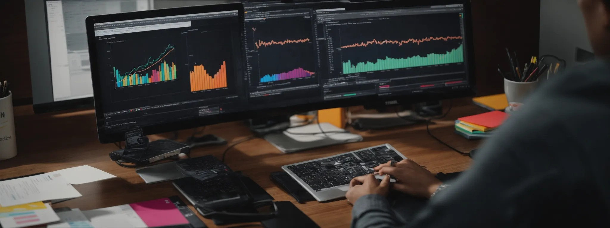 a person sits at a modern desk with a computer displaying colorful graphs of online analytics and a notebook with marketing strategies listed.
