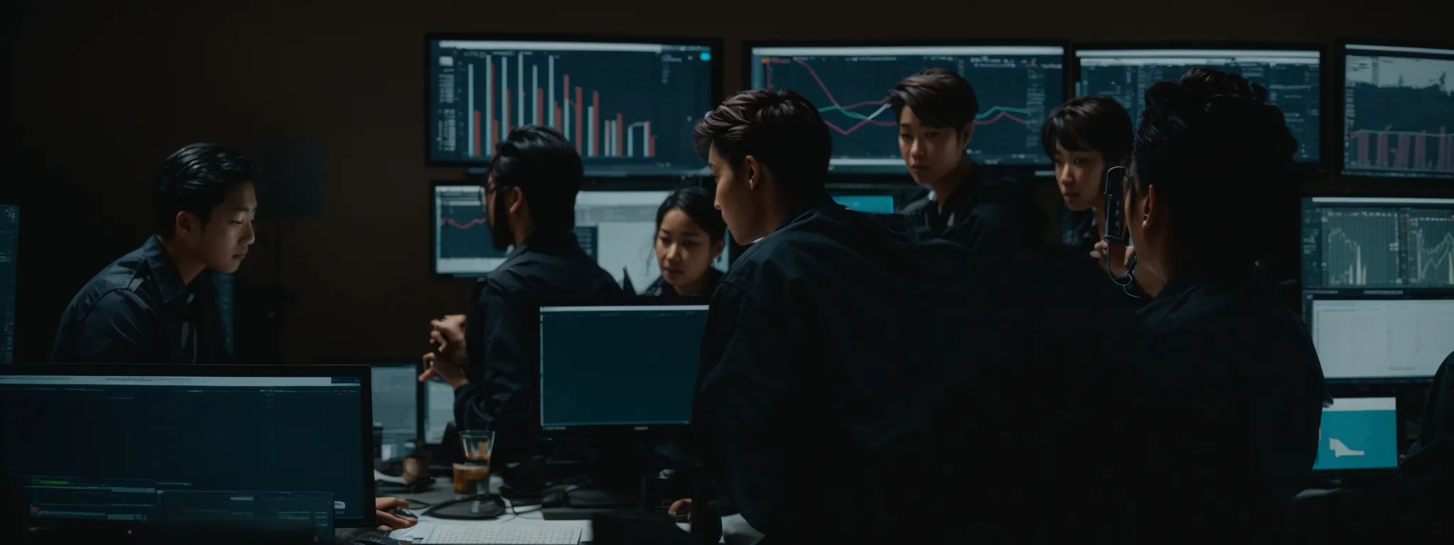 a diverse team gathered around a computer screen, discussing graphs and analytics.