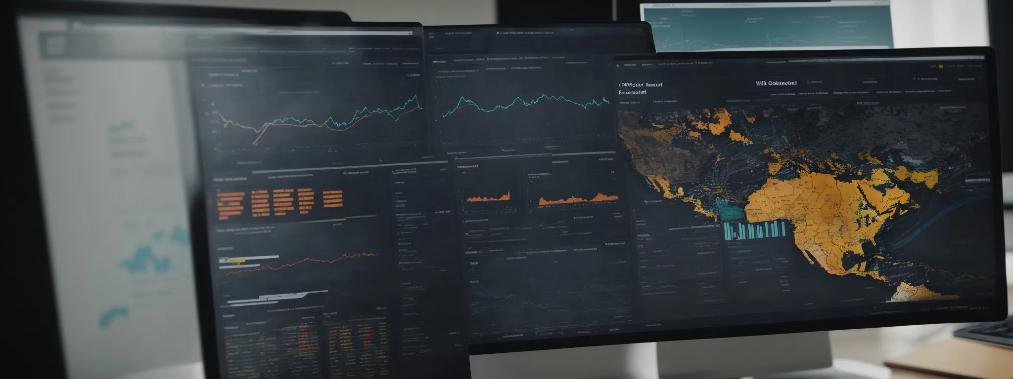a computer screen displaying a global website analytics dashboard with trend graphs and user location maps.