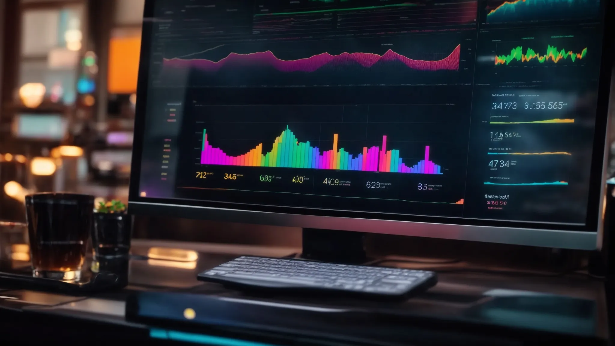 a computer screen displaying a colorful analytics dashboard with graphs and performance metrics.
