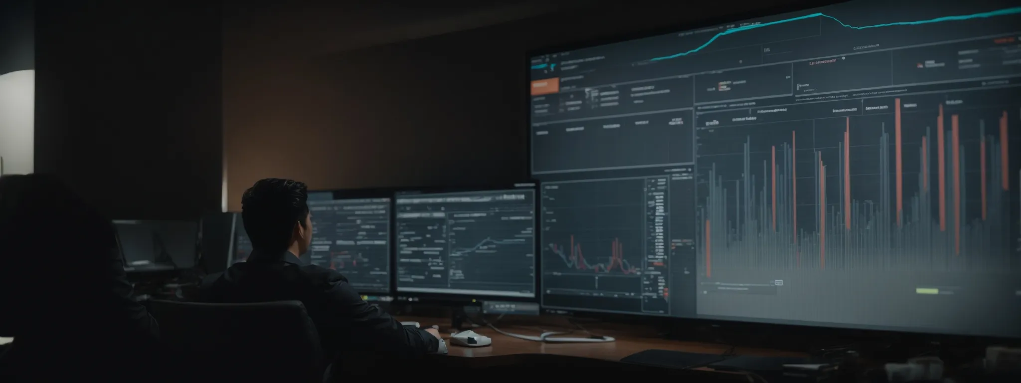 a marketer reviews analytics on a large screen, plotting a digital campaign to re-engage site visitors.