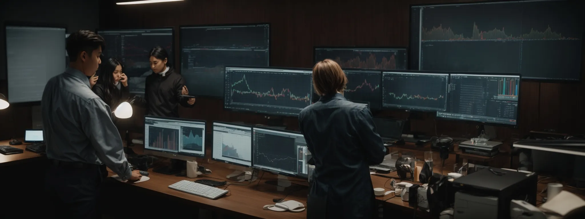a group of professionals gathered around a computer, analyzing charts and graphs that visualize website traffic and user engagement.