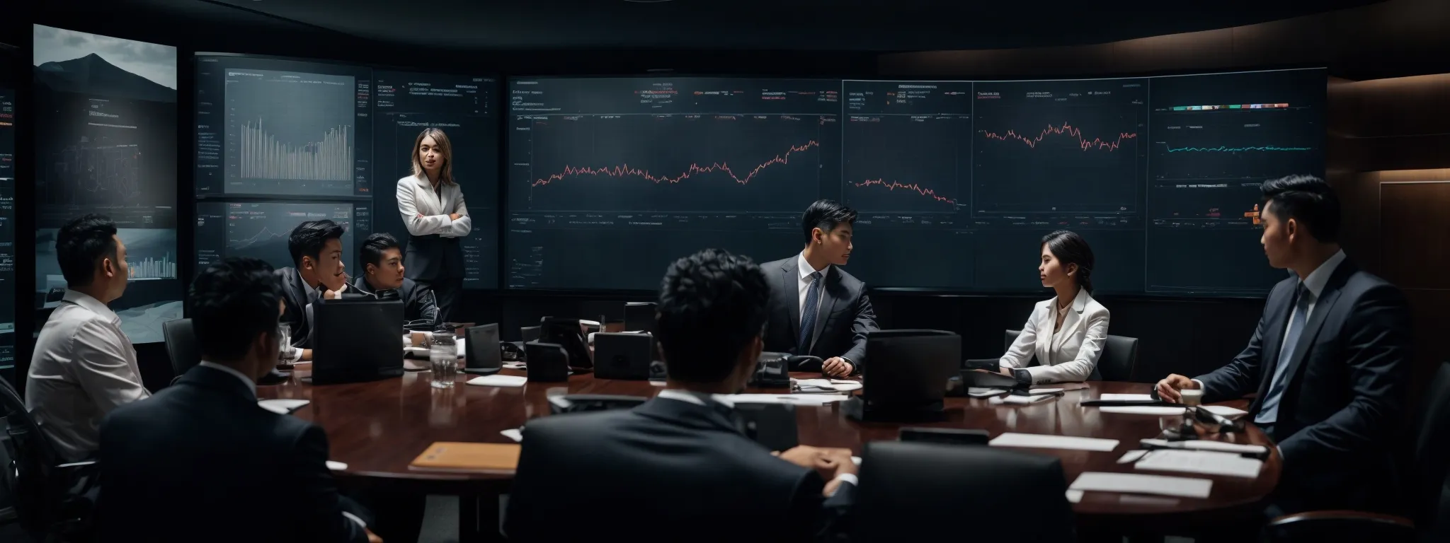 a business meeting with professionals discussing strategies over a large digital screen displaying analytics dashboards.