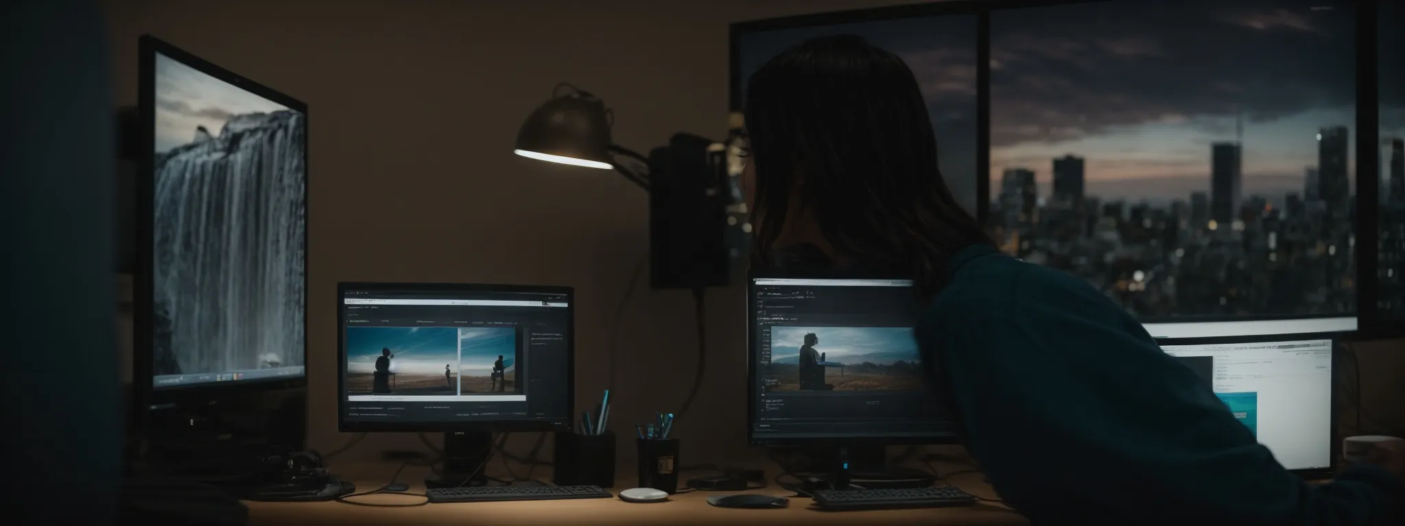 a developer sits before a wide monitor displaying a website that seamlessly adjusts its layout when the browser window is resized.