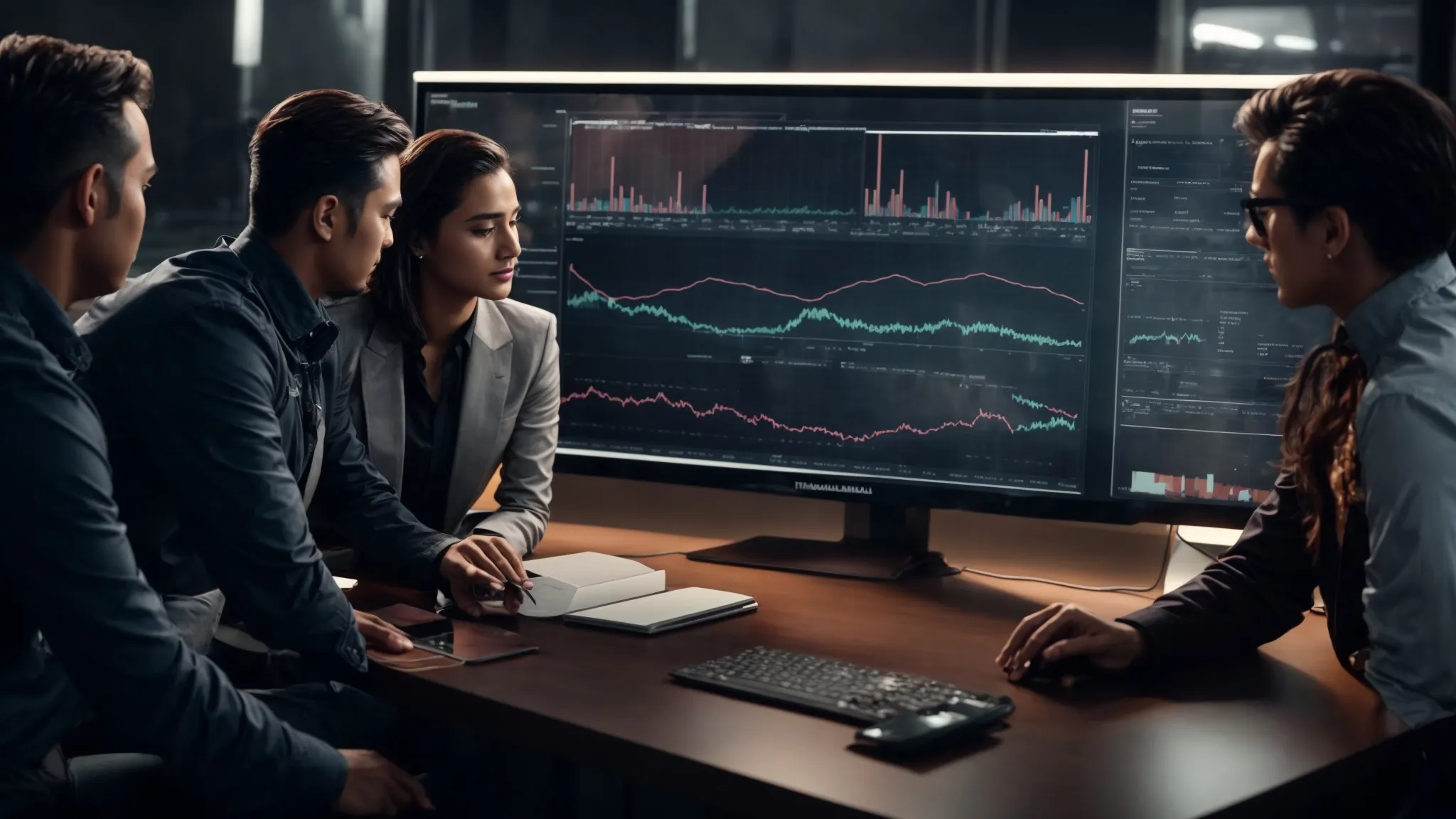 a group of professionals gather around a large monitor, displaying analytics graphs and strategic digital marketing metrics.