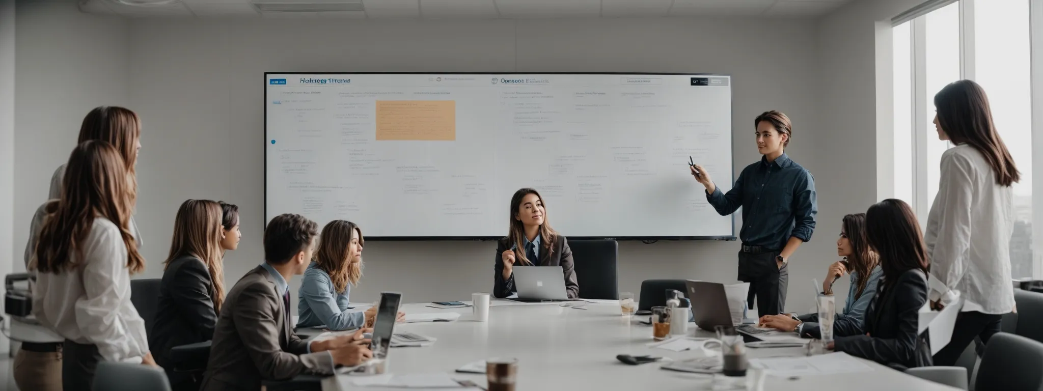 a marketing team in a conference room is brainstorming over a large whiteboard filled with seo and influencer strategy notes.