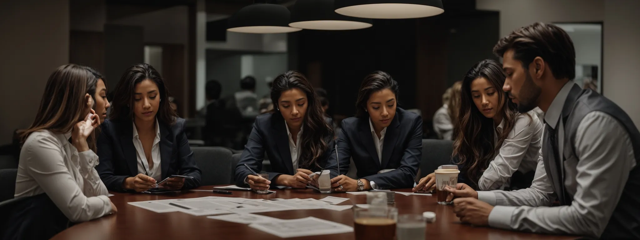 a team intently strategizes around a conference table, mapping out a marketing plan with a clear vision for long-term growth.