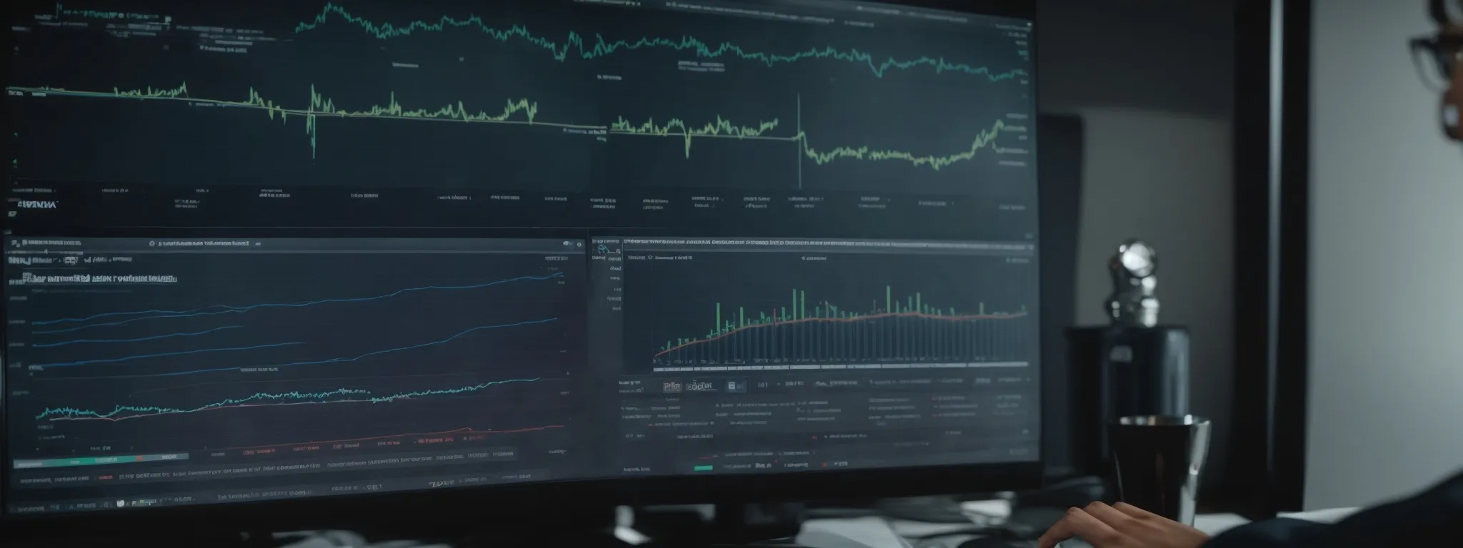 a person studying charts and graphs on a computer screen showing website analytics and performance indicators.