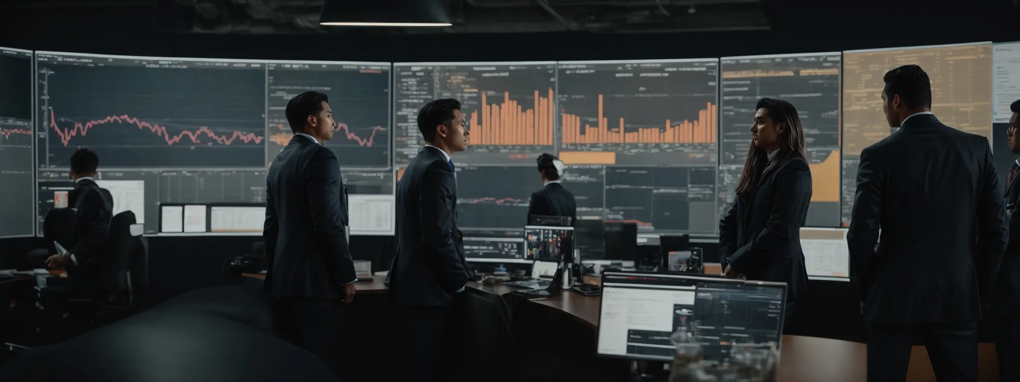 a team of professionals gathered around a large screen displaying analytics, actively discussing and strategizing.