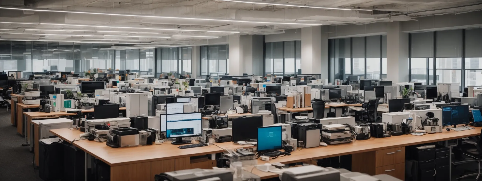 a panoramic view of an organized, modern office space filled with computers where digital marketers might analyze data for seo strategies.