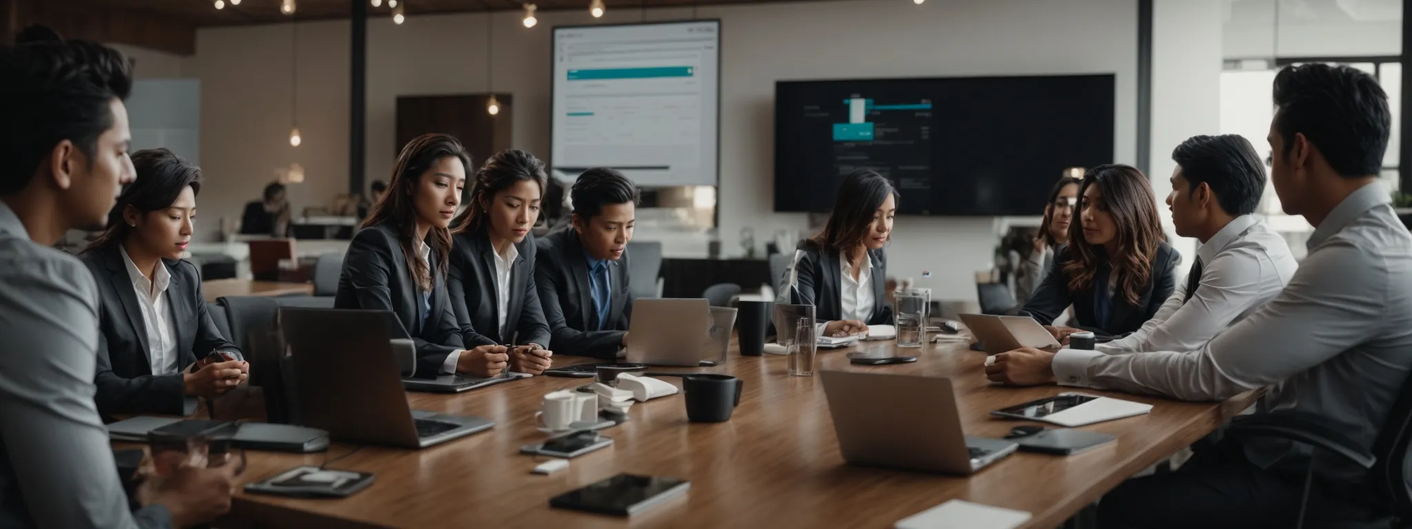 a digital marketing team strategizes around a conference table adorned with laptops and seo analytics on their screens.