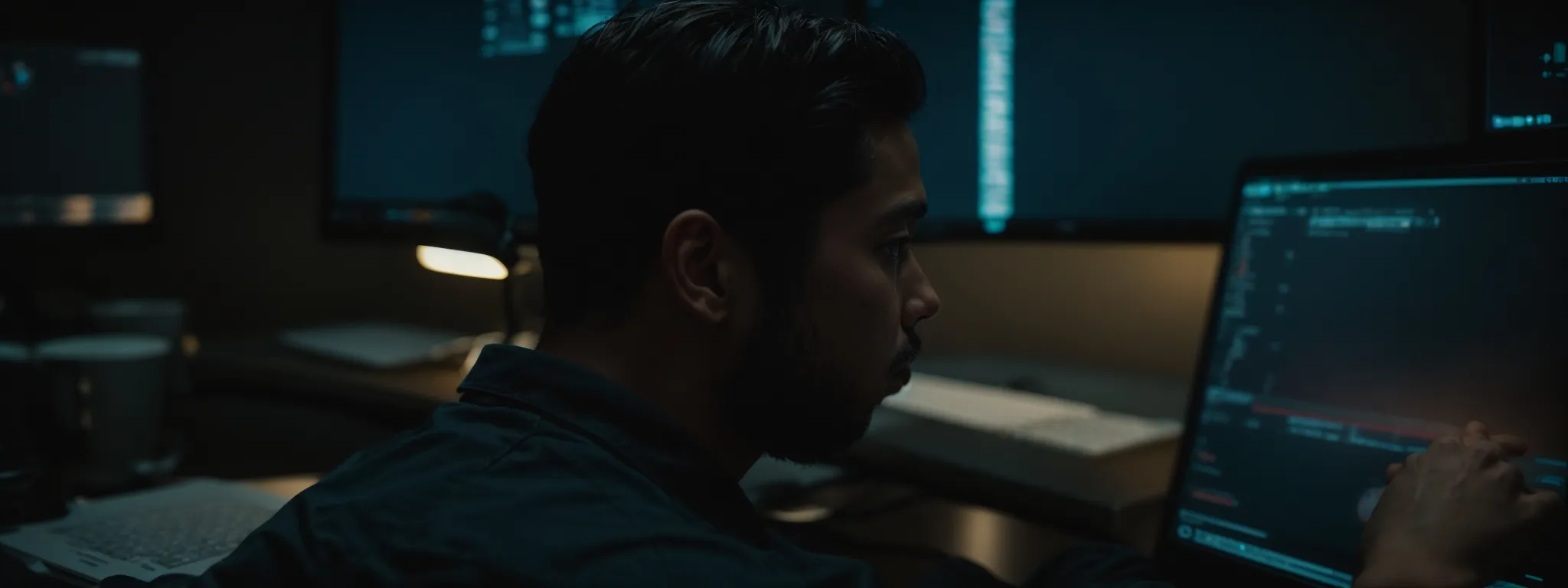 a focused professional sitting at a computer studying online, immersed in a digital seo certification course.