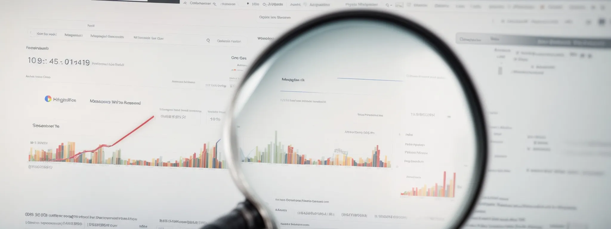 a magnifying glass hovering over a graph showing a progressive climb of website positions on a search engine results page.