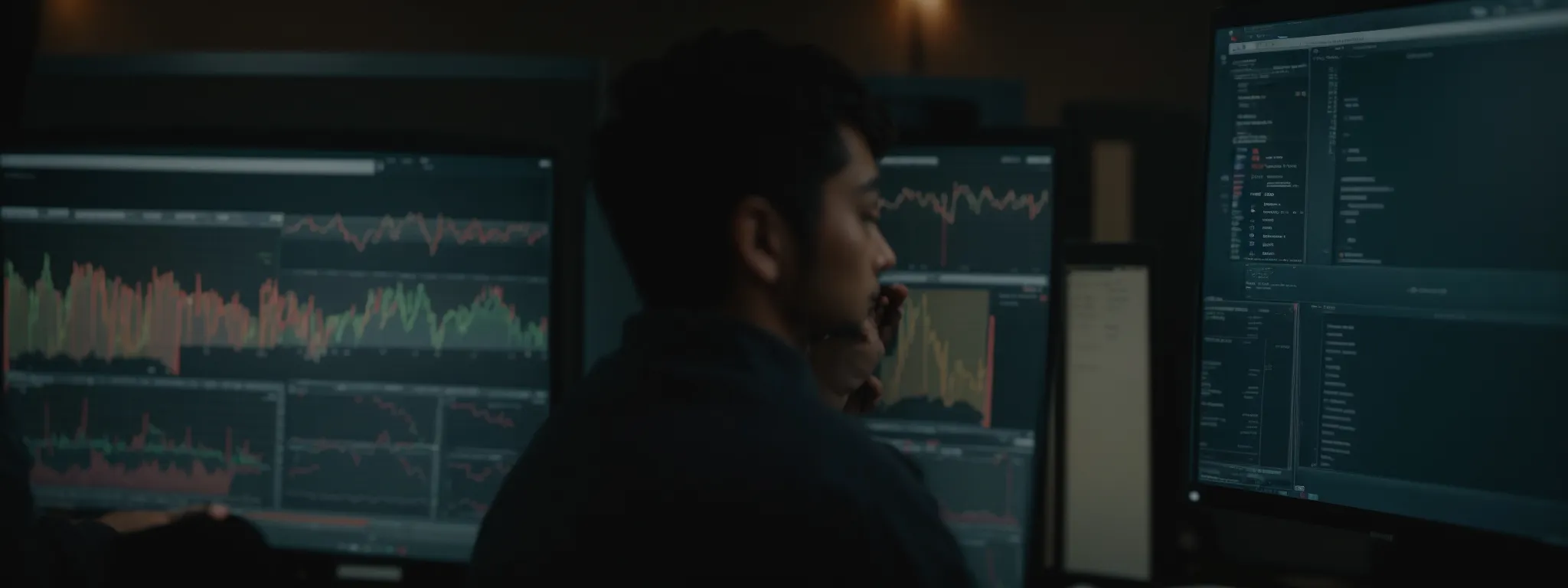 a picture of a focused individual intently peering at a bustling social media analytics dashboard on their computer screen.