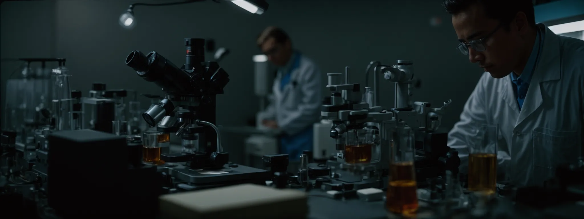 a scientist peers into a microscope, aligning his instruments for a precise experiment in a laboratory setting.