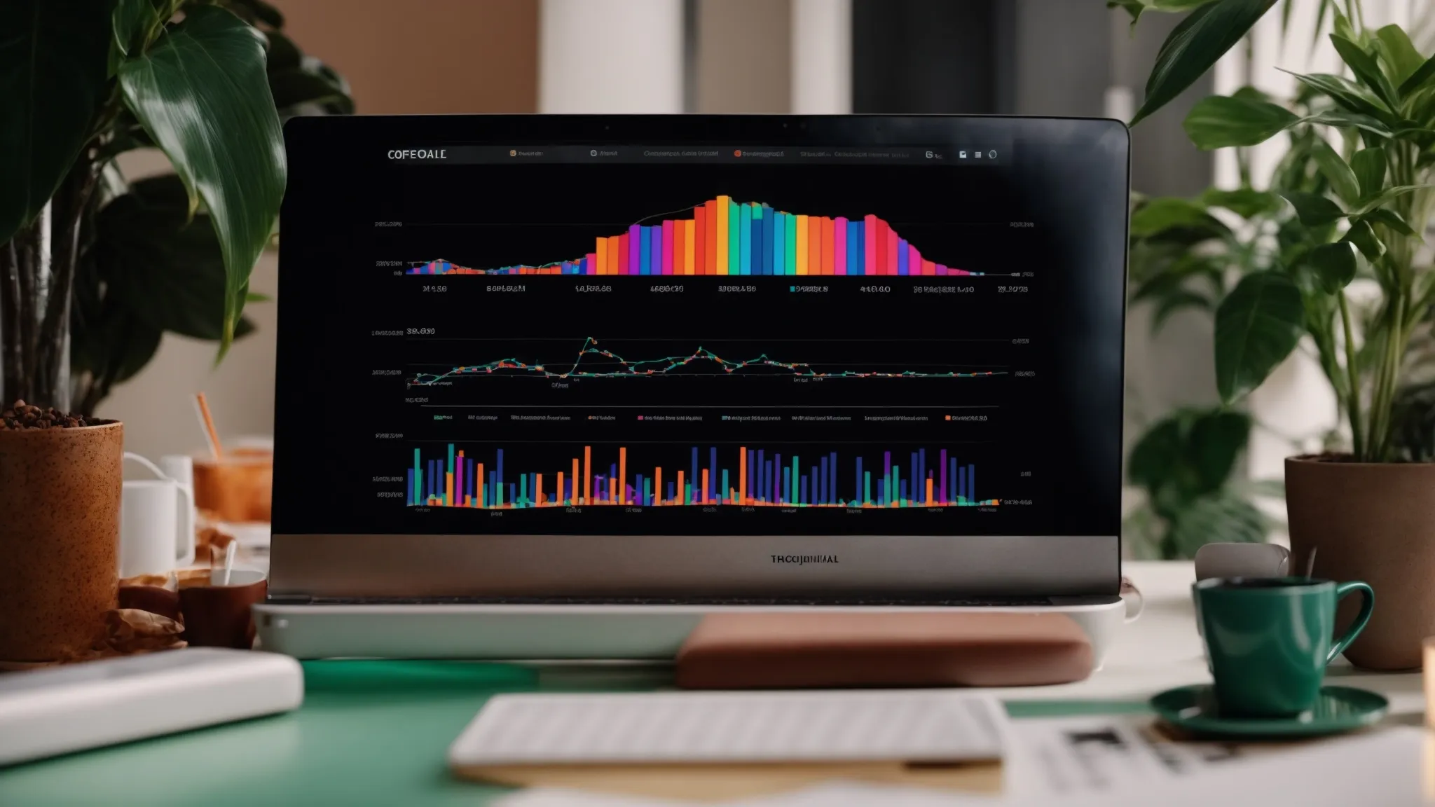 a laptop open on a desk displaying a colorful graph of website traffic growth next to a potted plant and a cup of coffee.