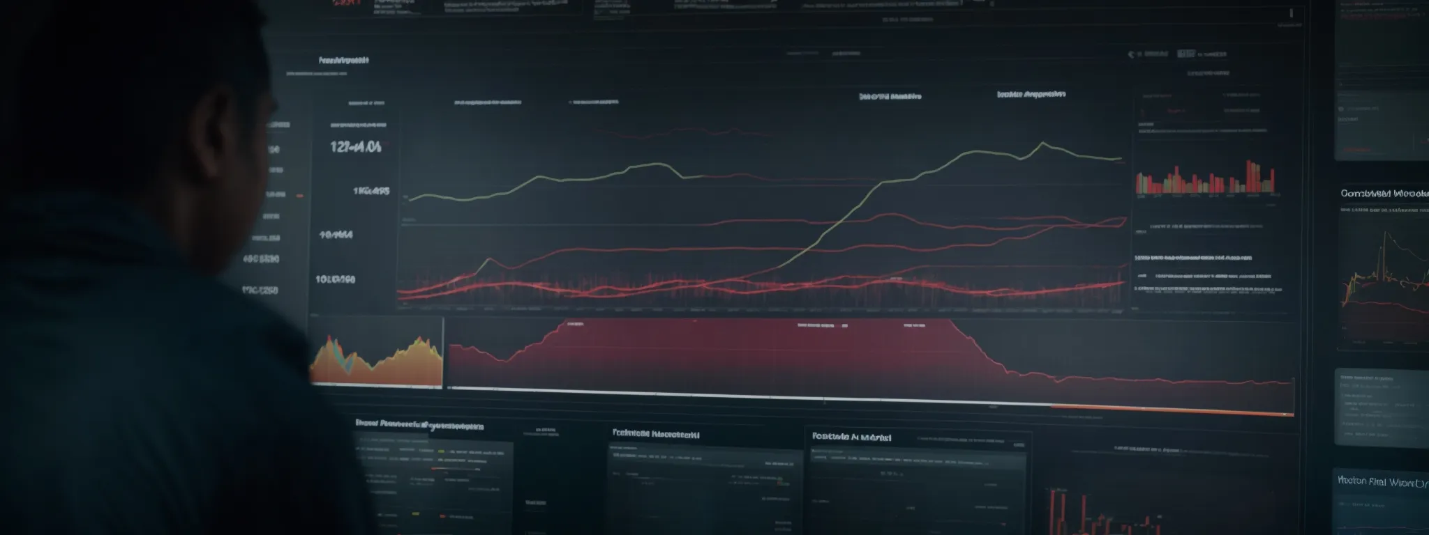 a marketer observes a dynamic analytics dashboard projecting real-time website data on a large screen.