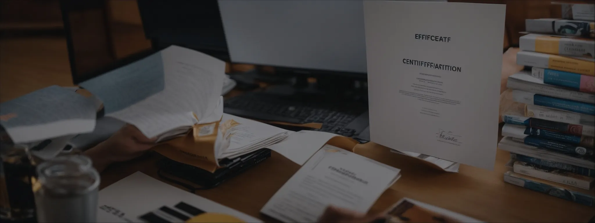 a person surrounded by books and a computer displays a certificate of completion for an seo training course.