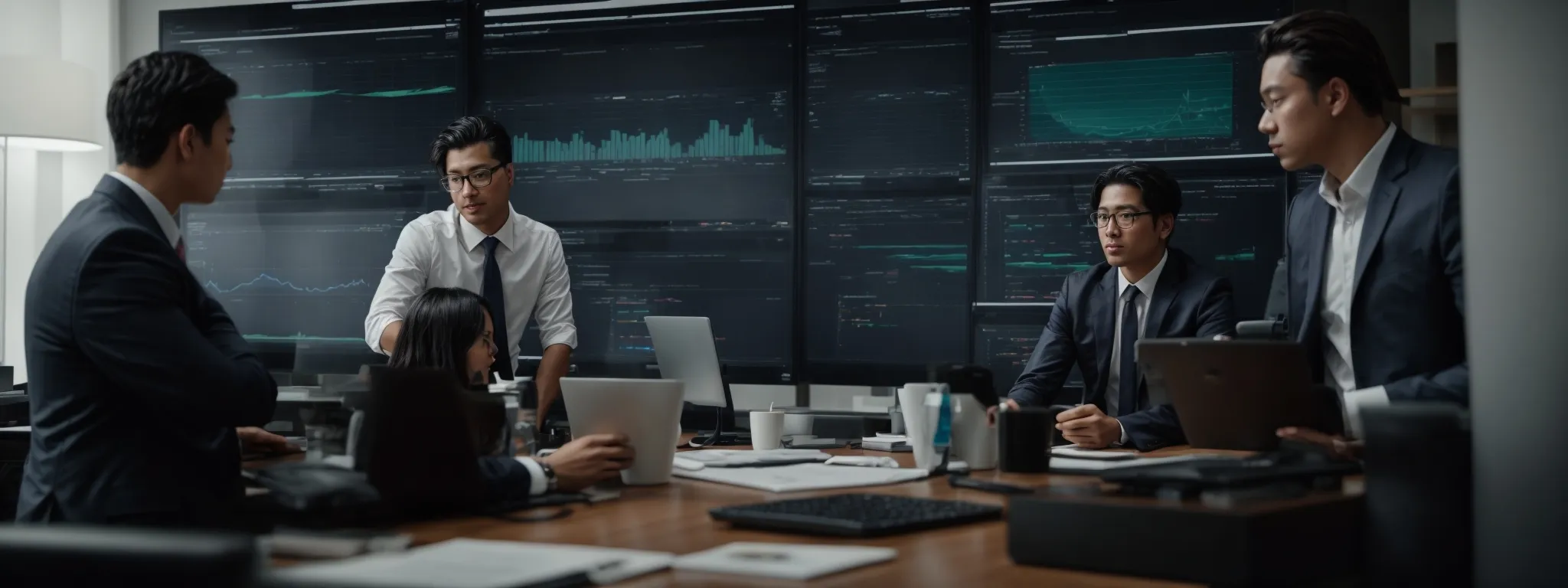 a consulting team analyzes data on a large, interactive digital dashboard to strategize a marketing campaign.