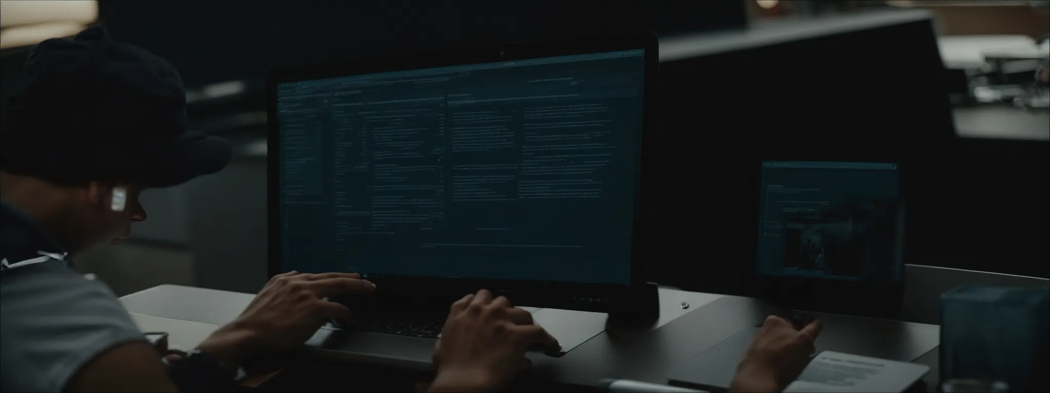 a person sitting before a computer screen displaying a search engine results page, analyzing the top-ranking page titles.