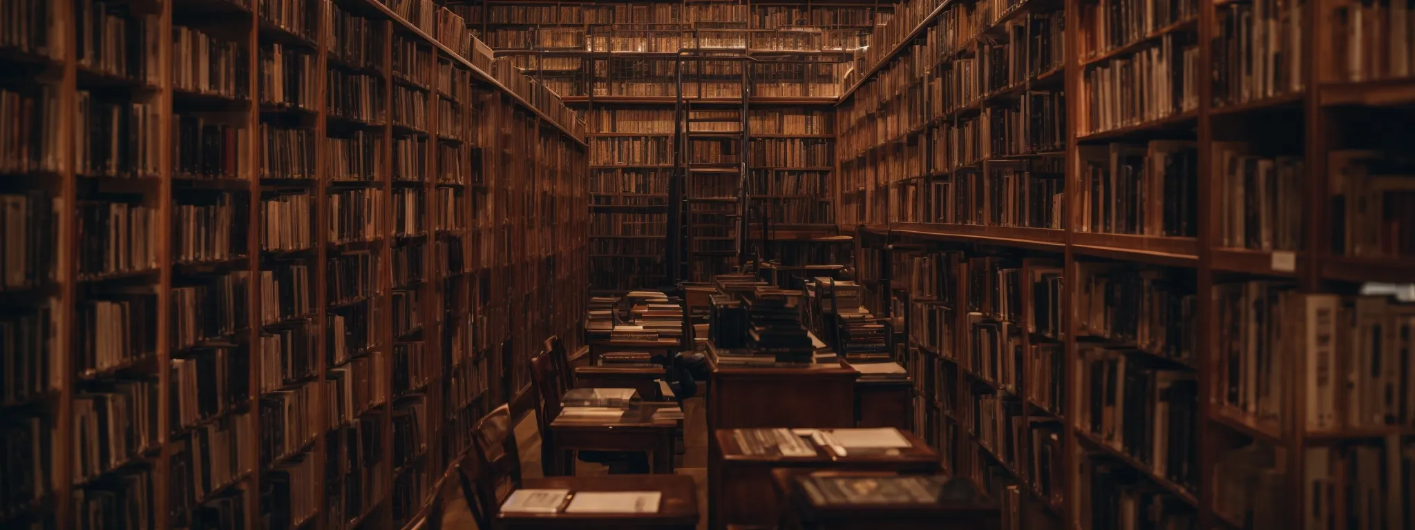 A narrow, dimly lit library aisle filled with tall wooden bookshelves stacked with numerous old books, with reading desks and a ladder visible in the center.