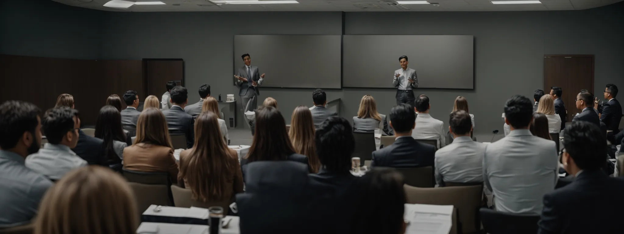 a business workshop with corporate professionals gathered around a digital marketing presentation.