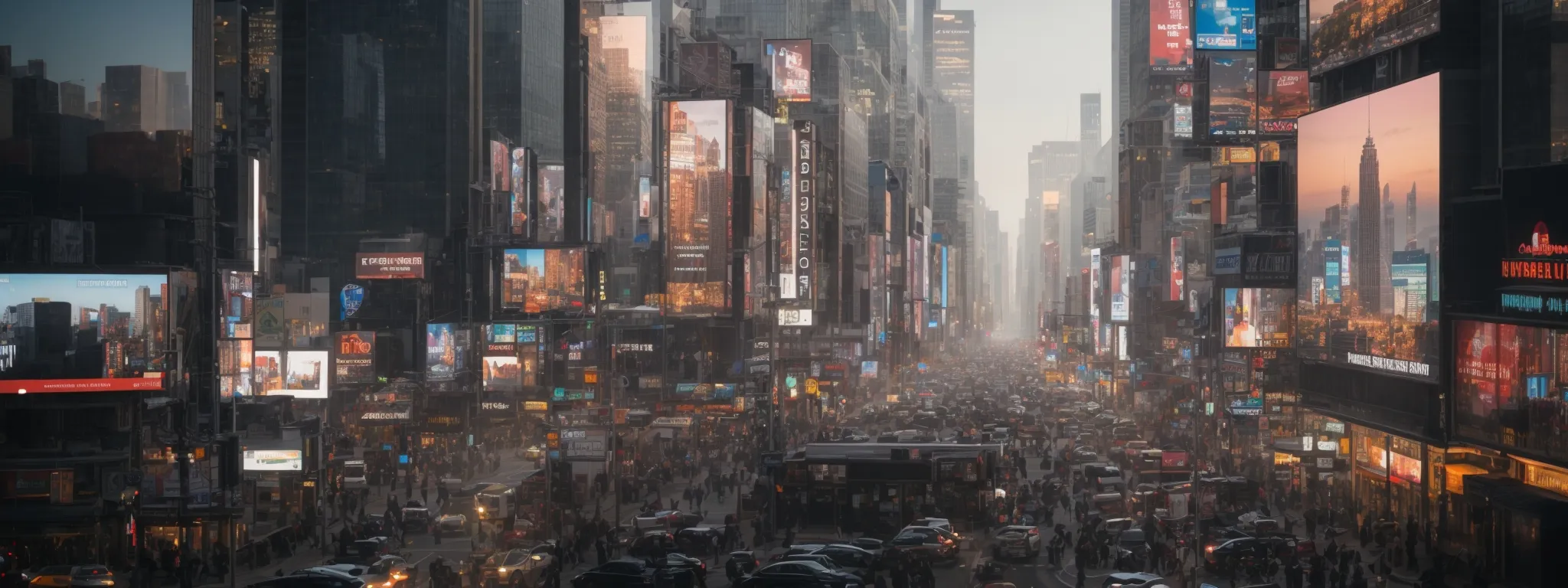 a bustling cityscape with billboards transitioning from static advertisements to dynamic digital screens displaying interactive content.