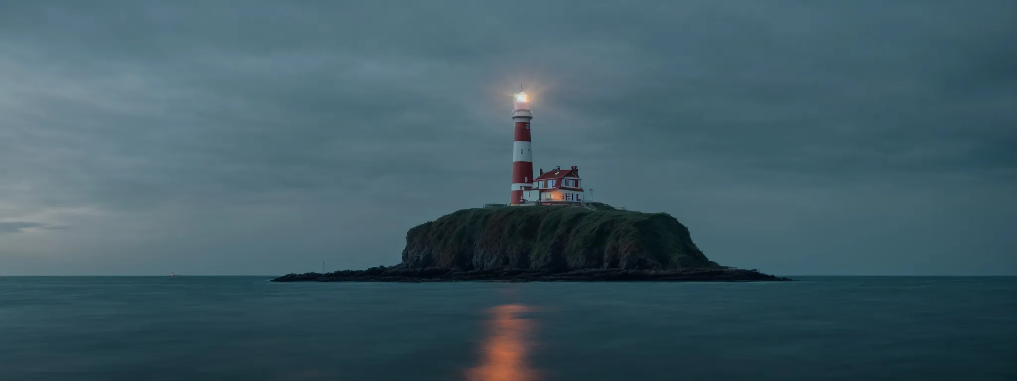 a lighthouse beacon shines over a calm digital sea, symbolizing guidance and integrity in the vast online marketing landscape.
