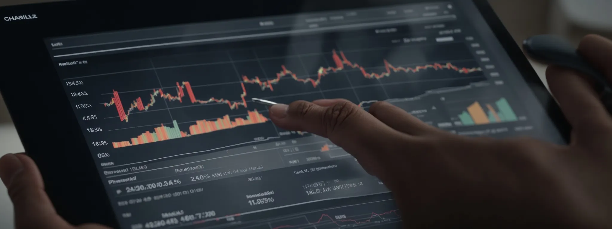 a marketer analyzes a graph on a digital tablet displaying market analytics trends and customer behavior data.