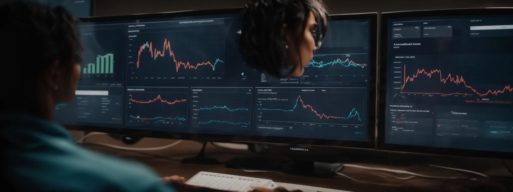 a marketer examines a glowing dashboard with dynamic charts and graphs illustrating website traffic and user interaction in real time.