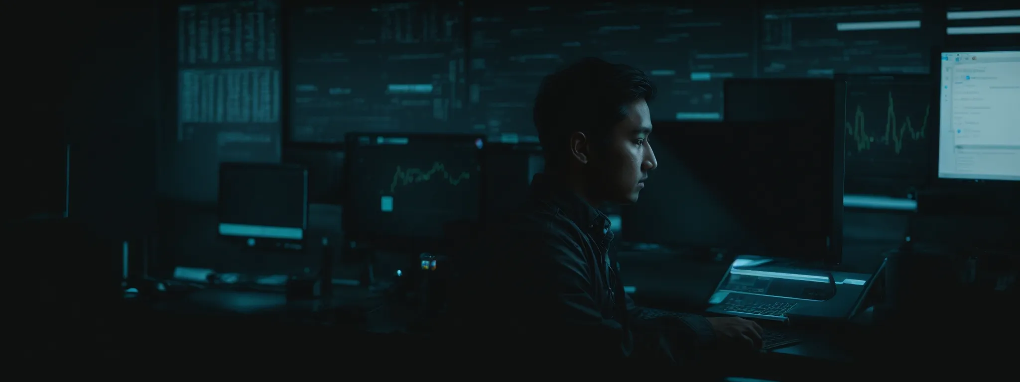 an seo expert sits intently in front of a computer, navigating through chrome canary's futuristic interface while immersed in a sea of digital data.