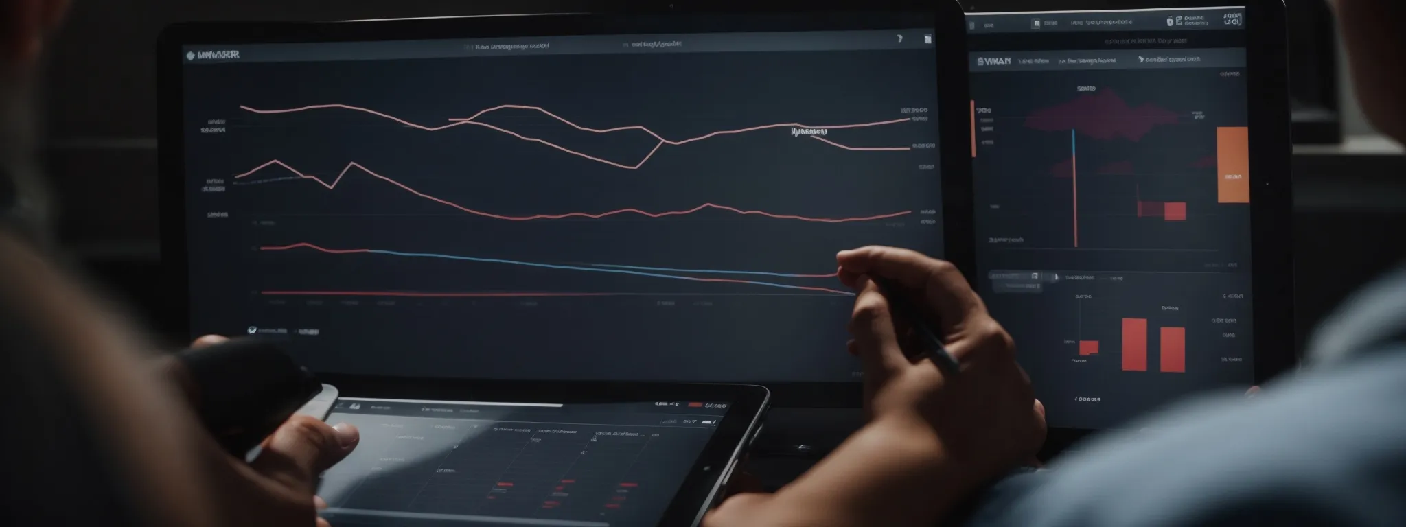a marketer analyzes graphs on a digital tablet, illustrating audience growth and engagement.