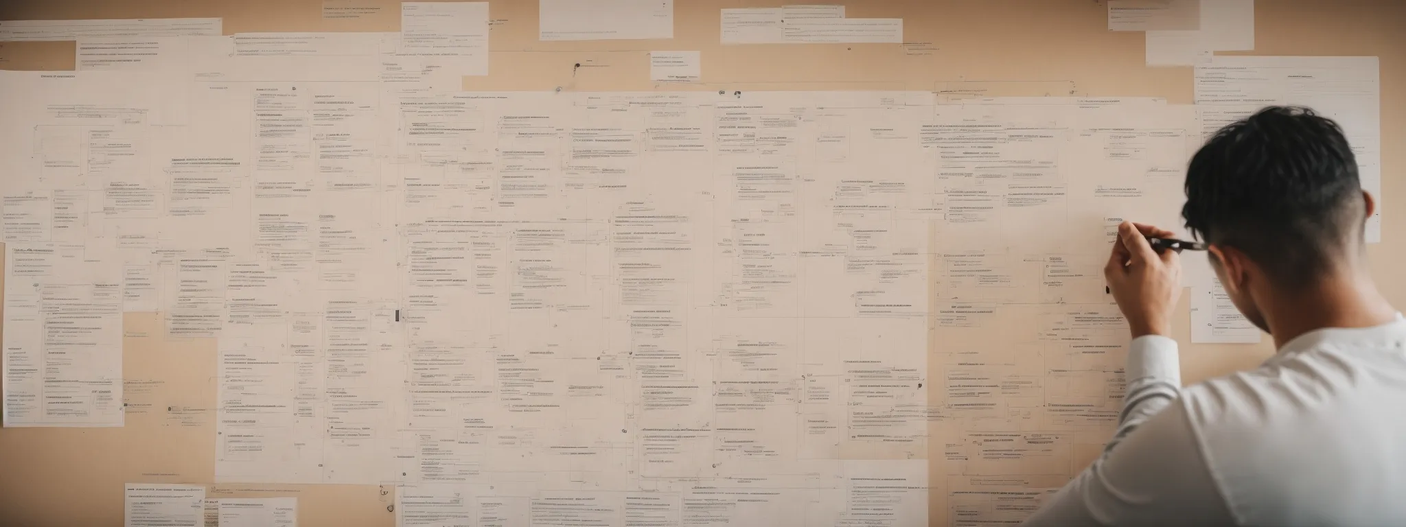 a web developer examines an intricately organized flowchart representing website structure and content organization on a digital tablet.