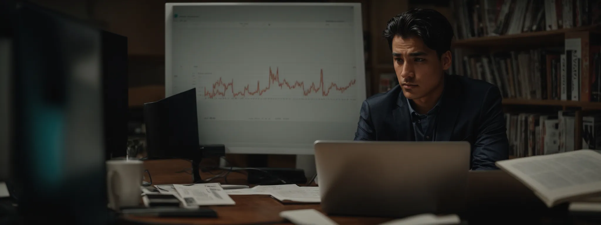 a frustrated marketer stares at a computer screen with a flatlined graph beside a stack of marketing books.