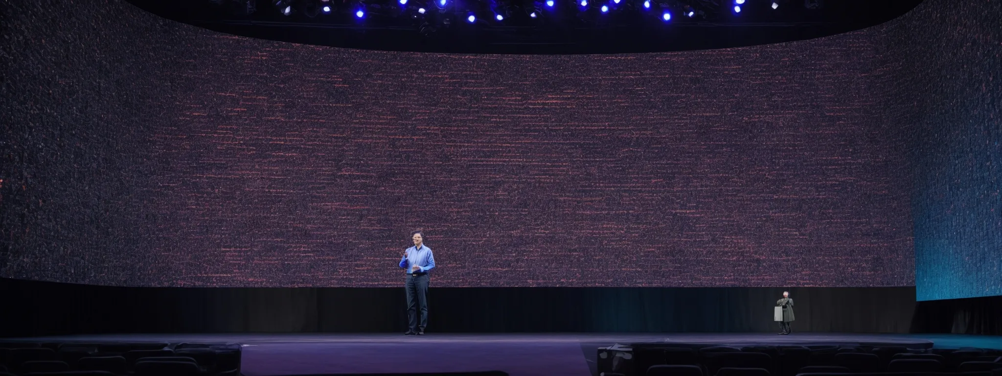 eric enge stands on a conference stage with a large screen displaying abstract representations of machine learning and seo integration.