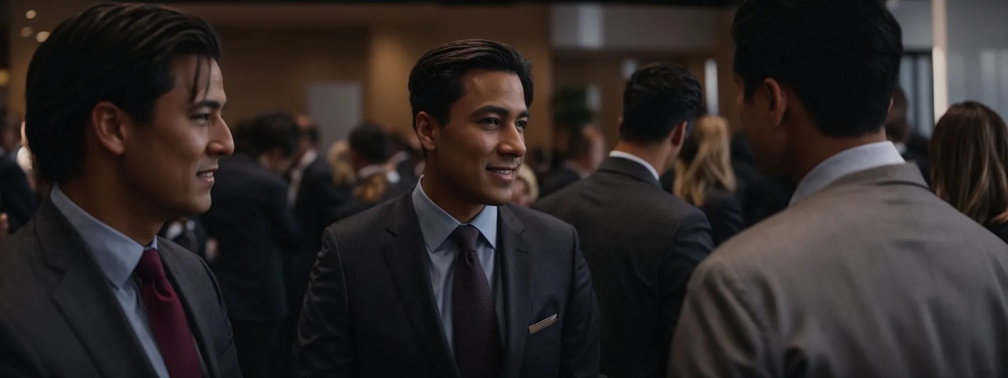 a businessperson at a networking event initiates a professional conversation with a potential contact.