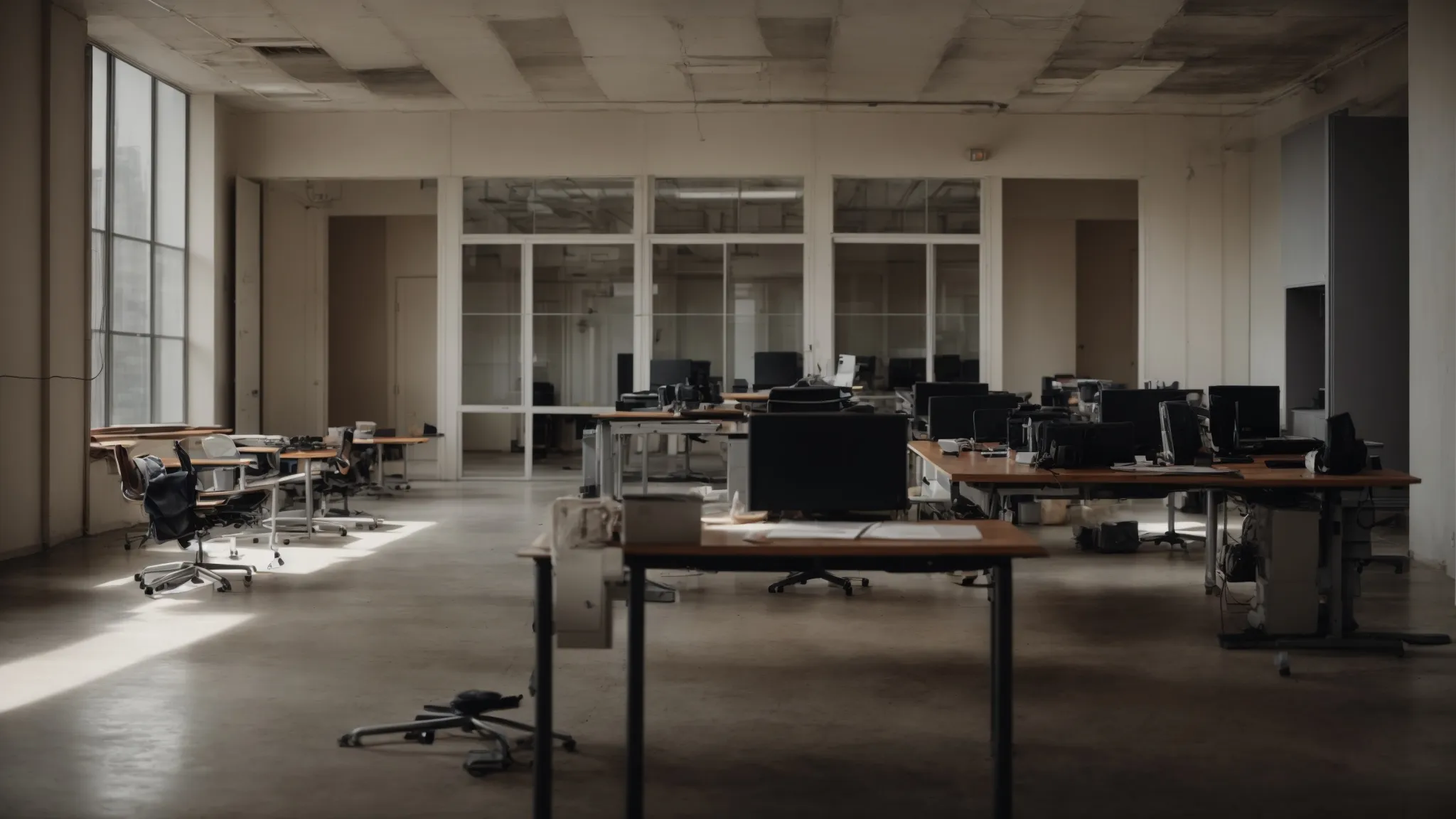 an empty office with abandoned desks and chairs, symbolizing a high turnover of employees.