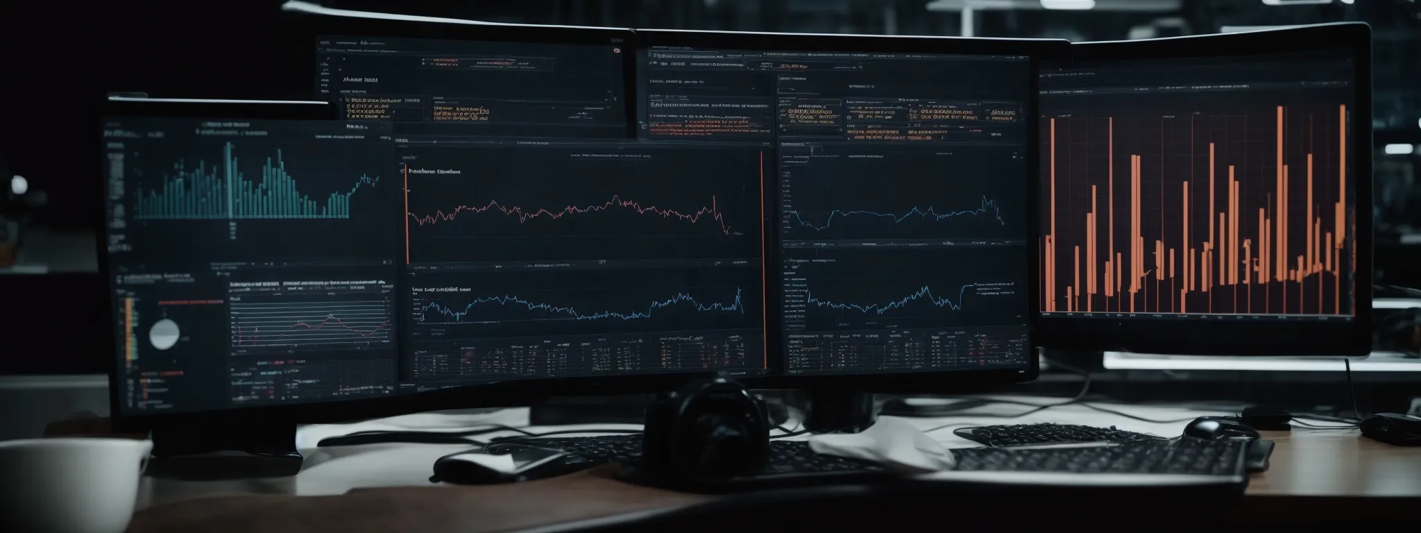 a marketer analyzes charts and graphs on a computer screen, representing website analytics data.