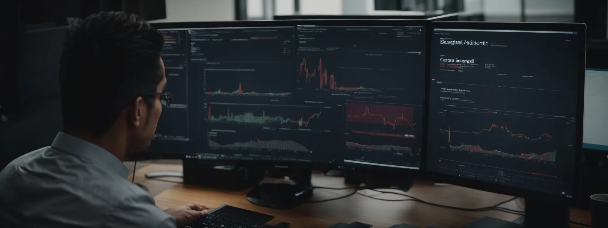 A person sits at a desk analyzing financial data and charts displayed on three large computer monitors in a modern office setting.