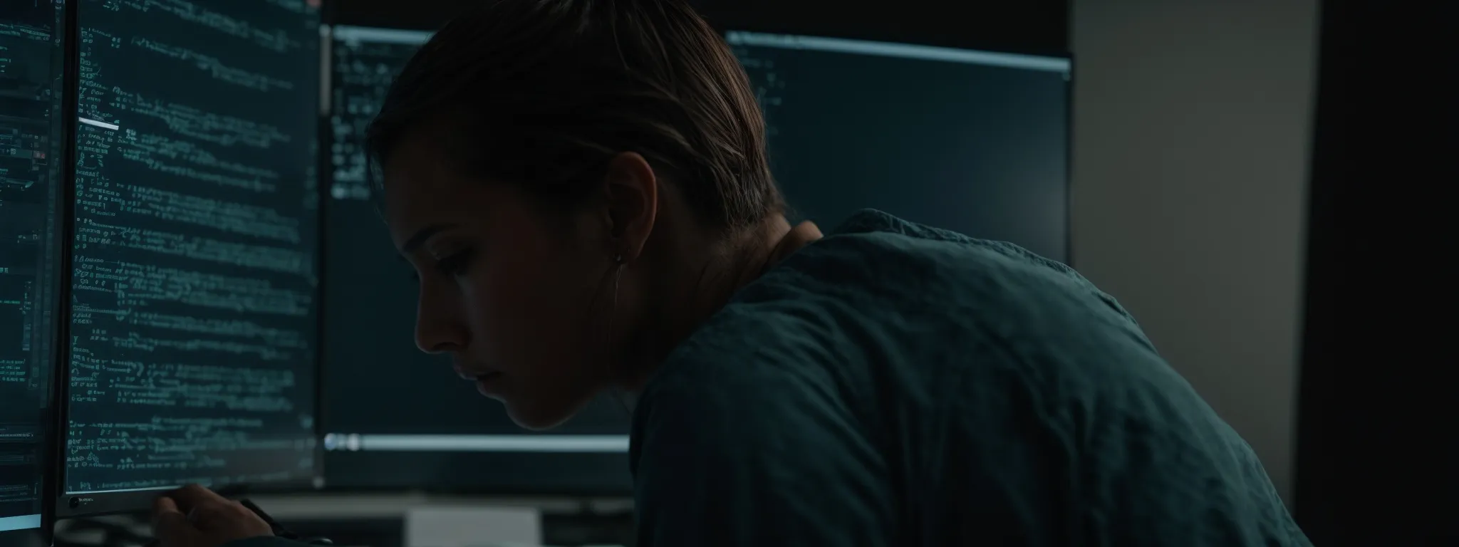 a web developer intently scrutinizes code on a computer screen to diagnose and fix a website's soft 404 errors.