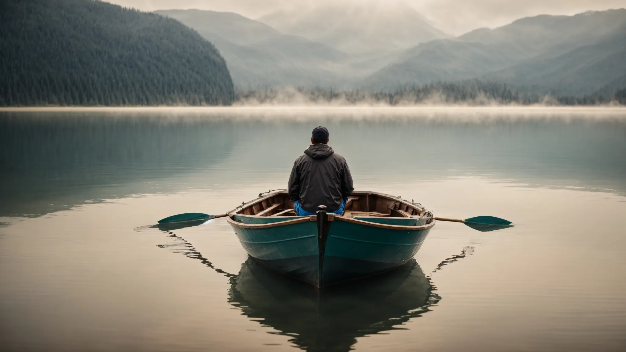 a lone, patient fisherman waits in his boat on a vast, serene lake, symbolizing the diligence required for long-term seo success.