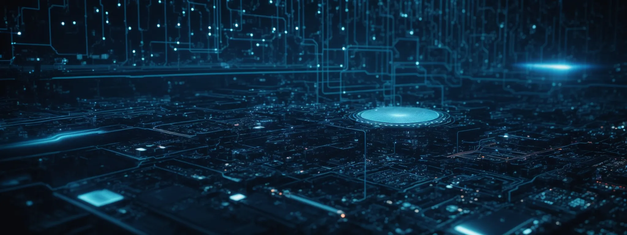 a futuristic computer interface displays a complex network symbolizing ai-integrated search functions.