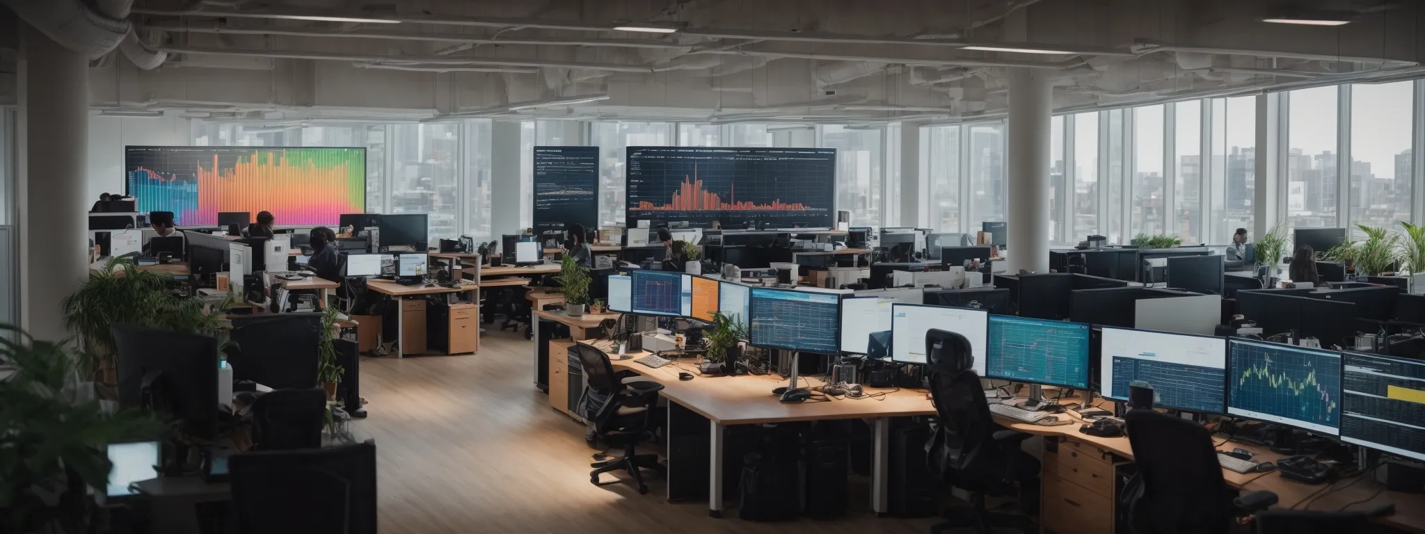 a bustling start-up office with a large monitor displaying colorful graphs and user interaction heatmaps.